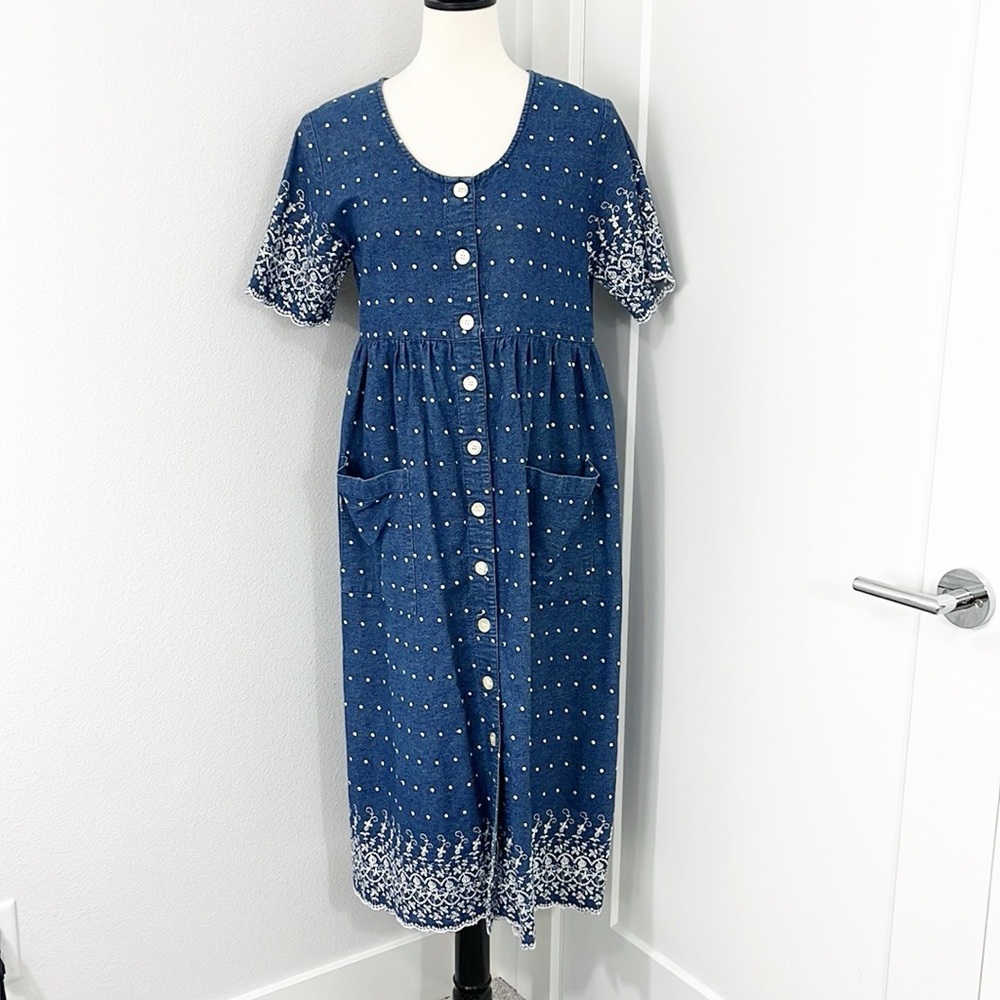 Vintage 90s GTG Small Blue Denim Midi Short Sleeve Momcore Dress w/Pockets